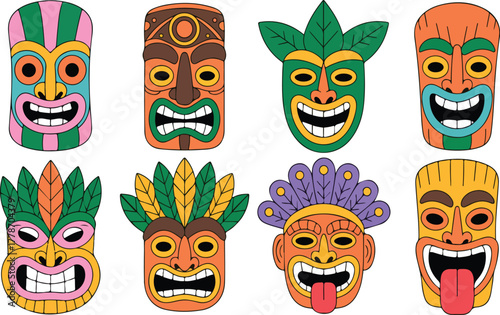 Collection of colorful tiki face masks tiki, mask, face, colorful, tribal, culture, ethnic, design, art, illustration, vector, hawaiian, tropical, wood, carving, ancient, symbol, icon, graphic,