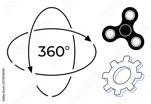 Rotational arrows encircling 360, paired with a fidget spinner and gear icon. Ideal for motion, innovation, mechanics, balance, rotation, productivity technology. Simple flat metaphor