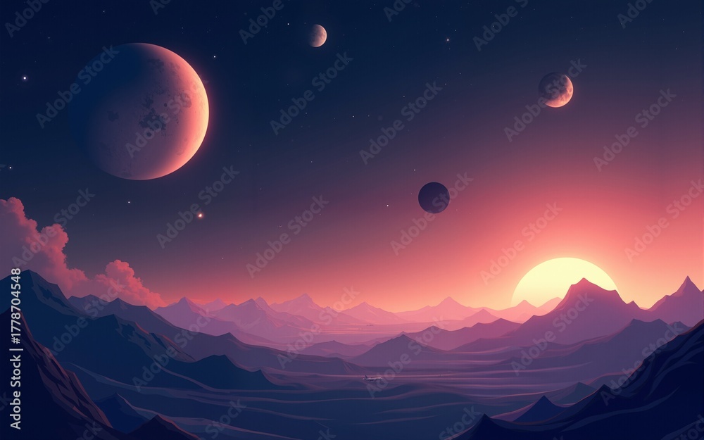 Fototapeta premium tranquility of a cosmic landscape with a vector scene illustrating a serene view of distant planets and moons. soft glow of celestial bodies against the backdrop of space. High quality