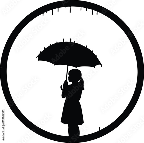 Vector young girl holding umbrella rain weather protection silhouette illustration
