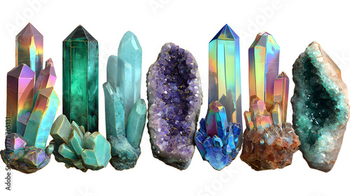 Collection of various colorful crystals and gemstones, including amethyst geodes and iridescent quartz points, isolated on white background