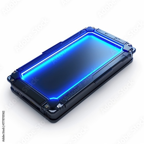 Wallpaper Mural Sleek dark blue futuristic hard disk with an illuminated blue screen is shown against a white background. Torontodigital.ca