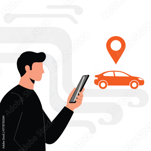 Man in black shirt using a smartphone app to order an orange car for a ridesharing service.