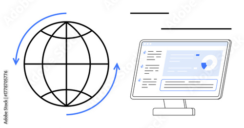 Globe with arrows symbolizing worldwide connectivity and desktop screen displaying analytics and data. Ideal for technology, internet, digital transformation, data analysis, globalization