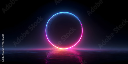 Glowing neon circle portal on a reflective dark surface with vibrant pink and blue light, abstract futuristic background