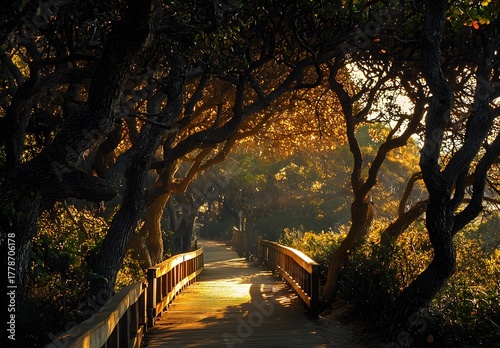 Photo of a serene tree-lined path with sunlight streaming through branches onto the walkway