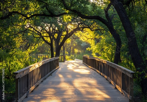 Photo of a serene tree-lined path with sunlight streaming through branches onto the walkway