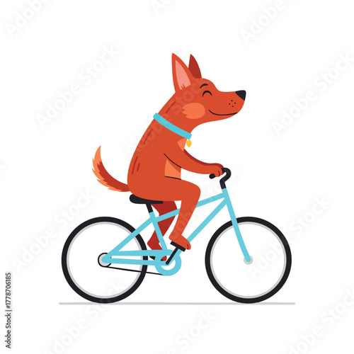 Smiling reddishbrown cartoon dog with a blue collar happily riding a light blue bicycle.