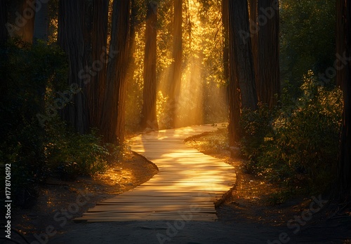 Photo of a serene tree-lined path with sunlight streaming through branches onto the walkway