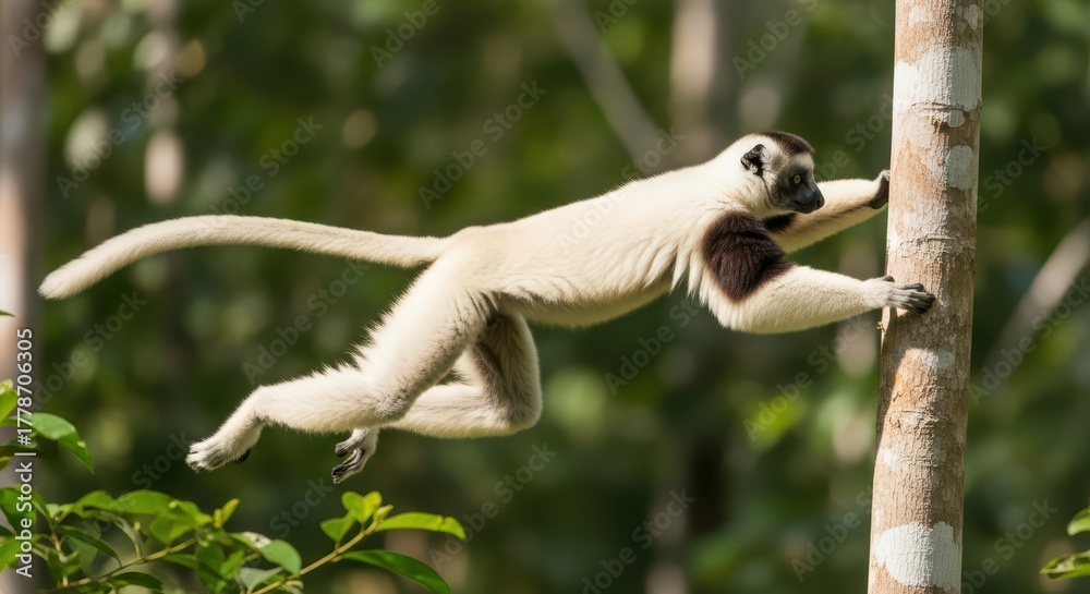 Obraz premium Sifaka leaping gracefully between trees in madagascar forest habitat