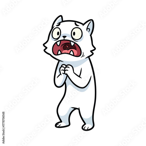 Terrified white cartoon cat screaming in fear standing with wide shocked eyes and clasped paws.