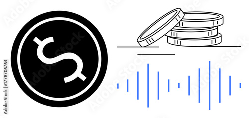 Black circular dollar coin, stacked coins, blue soundwave lines. Ideal for finance, technology, currency, economy, innovation digital payment audio transactions. Minimal simple flat metaphor