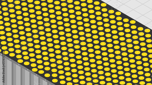 Gold minted dollar coins move along conveyor belt at money mint factory. Vector factory concept background