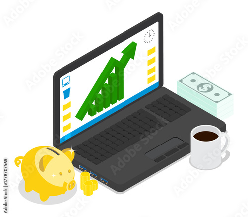 Isometric open laptop with a capital growth chart and a golden piggy bank sits on desk in a financial trader workspace. Realistic 3D vector concept isolated on white