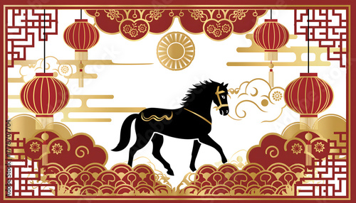 Stunning minimalist Chinese New Year illustrations featuring a powerful horse silhouette, symbolizing the Year of the Horse. Rich red and luxurious gold palette with traditional lanterns and clouds
