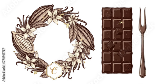 Elegant chocolate making vector elements with cacao wreath, chocolate bar, and dipping fork for chocolatier branding