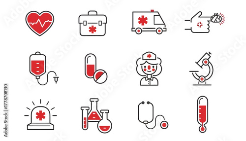Collection of medical icons including heart, ambulance, and pills on white background
