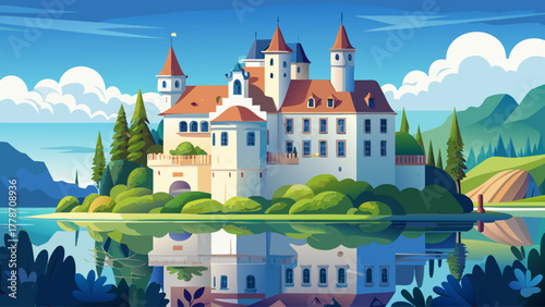 View of a beautiful white castle surrounded by calm lake waters and lush green trees, soft clouds reflecting on the surface, evoking peaceful European charm and timeless beauty