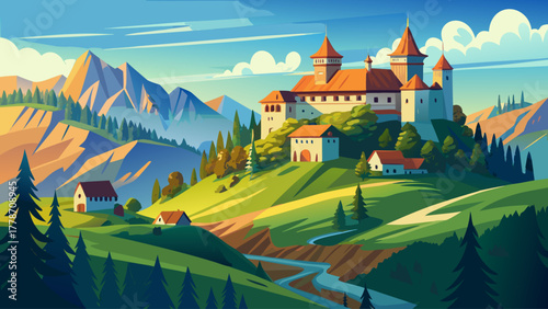 Panoramic view of an old European castle surrounded by rolling green hills, forests, and blue sky, warm sunlight enhancing its stone walls, radiating harmony between history and nature