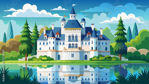 View of a beautiful white castle surrounded by calm lake waters and lush green trees, soft clouds reflecting on the surface, evoking peaceful European charm and timeless beauty