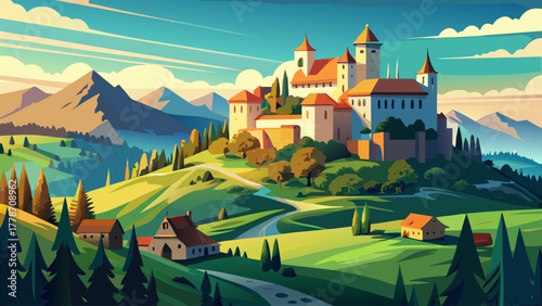 Panoramic view of an old European castle surrounded by rolling green hills, forests, and blue sky, warm sunlight enhancing its stone walls, radiating harmony between history and nature