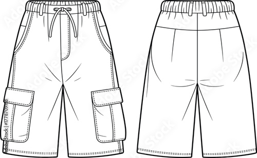 Cargo shorts technical sketch, front and back view, drawstring waistband, flap pockets, elastic back, fashion design, garment construction, vector illustration