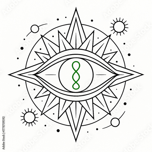 Cosmic Eye Symbol sacred symbol with radiating geometric rays, stars, and cosmic elements. Perfect for astrology, spirituality, and mystical branding.