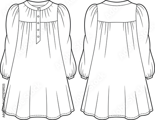 Gathered yoke dress technical sketch, front and back view, round neckline, puff sleeves, button placket, flared hem, fashion design, vector illustration
