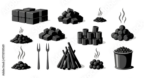 Flat lay illustration of various charcoal objects and tools on a white background