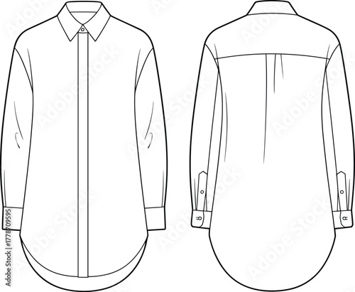 Long sleeve shirt technical sketch, front and back view, hidden button placket, pointed collar, curved hem, fashion design, vector illustration