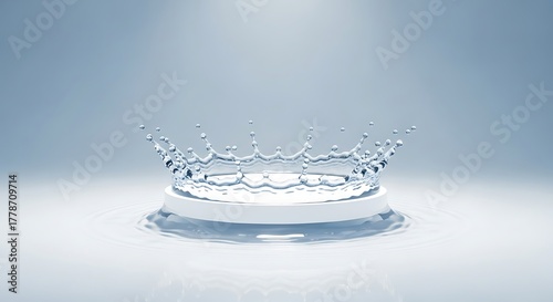 Close up of a water splash forming a crown shape on a light blue background