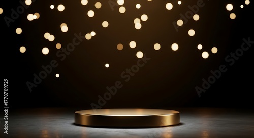 Golden podium with bokeh lights in the background for product display
