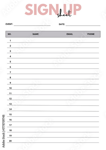 Pink Simple Sign Up Sheet Document - 1