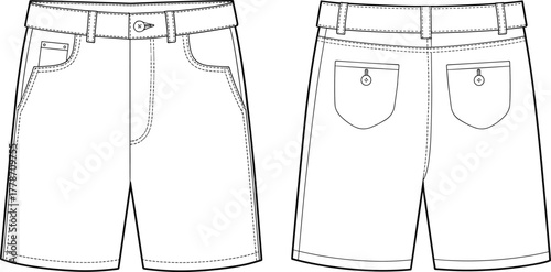 Men’s shorts technical sketch, front and back view, belt loops, patch pockets, coin pocket, button closure, fashion design, vector illustration