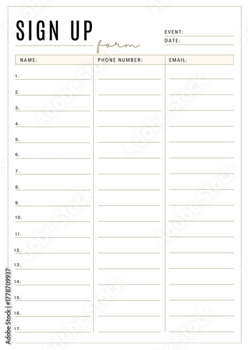 Beige Minimalist Clean Sign Up Sheet Form - 1