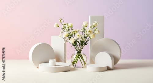 Minimalist still life composition with delicate flowers and geometric shapes