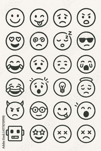 Doodle Emoji face icon set. Hand drawn sketch style.