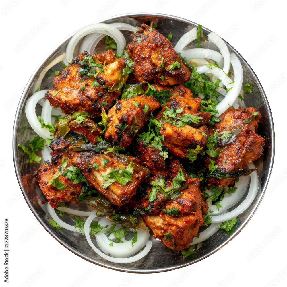 Fototapeta premium Delicious tandoori chicken pieces garnished with fresh cilantro and onion rings isolated on transparent background