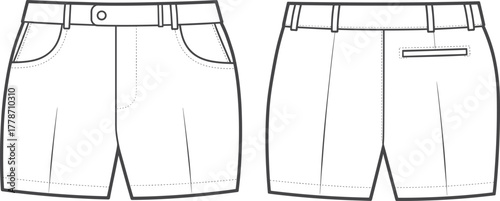 Shorts technical sketch, front and back view, belt loops, button closure, welt pocket, fashion design, garment construction, vector illustration