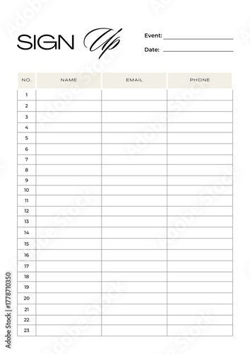 Beige Minimalist Sign Up Sheet Planner A4 Document - 1
