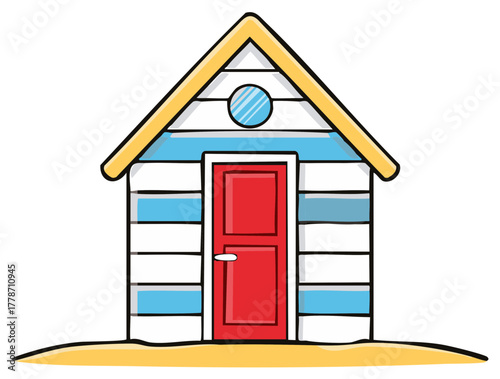 Colorful cartoon beach hut with stripes and a red door sitting on the sand