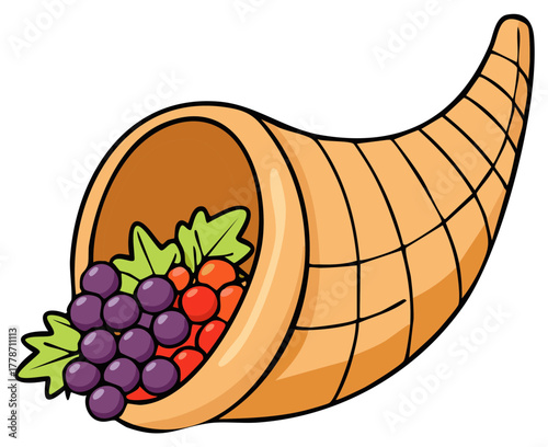 Abundant harvest cornucopia basket with fresh grapes cartoon vector illustration