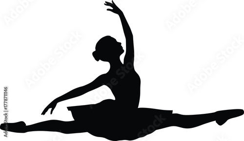 Ballerina silhouette leap, ballet dancer grand jeté, elegant tutu artwork, graceful dance illustration, performing arts design, classical ballet movement, stage performance