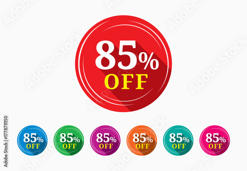 Discount tag template. Discount buy now label pop-up banner with 85 percent off price reduction badge promotion, red discount sale tags with percentages.	