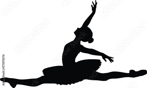 Ballerina silhouette leap, ballet dancer grand jeté, elegant tutu artwork, performing arts design, graceful dance illustration, classical ballet movement, stage performance