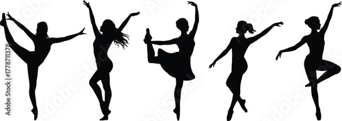 Ballet dancer silhouette set, ballerina classical poses, performing arts illustration, graceful dance artwork, lifestyle design template, elegant stage figure