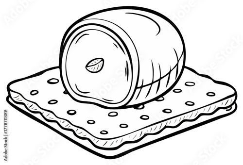 Hand drawn illustration of a round cheese slice on a cracker sandwich