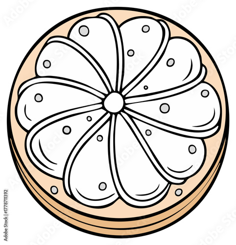 Sweet dessert pie illustration showing layers of beige dough with light cream toppings arranged in a flower pattern