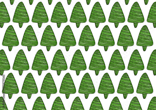 Seamless pattern with green stylized Christmas trees. Filled with geometric ornament. Winter, holiday, New Year, forest background. Graphic sketch, hand drawn doodle. Perfect for wrapping, wallpaper.