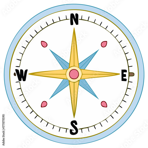 Compass Rose with North South East West Indications in Cartoon Style